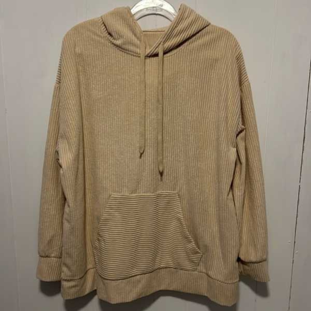 Men's Beige Ribbed Hoodie Sweatshirt